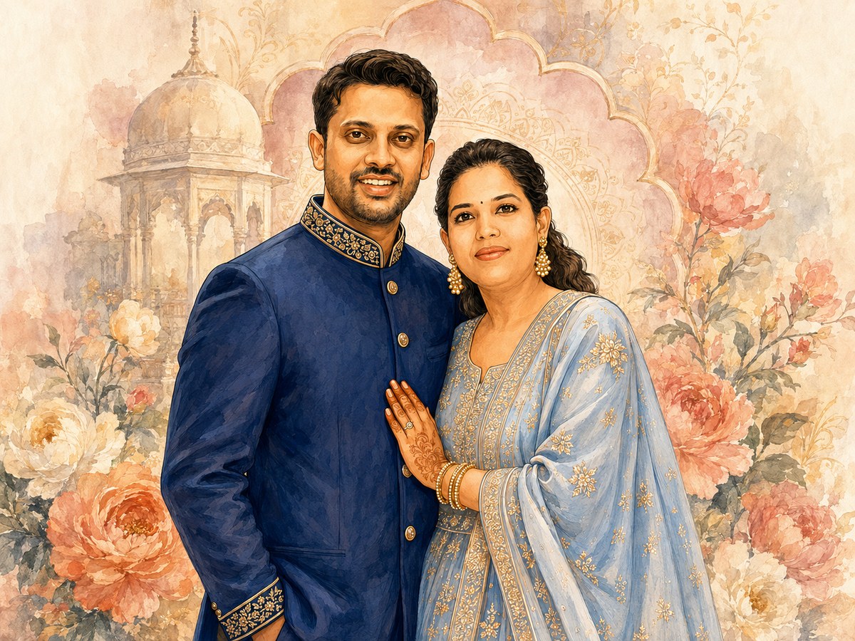 Watercolor portrait of Kundan and Shalini